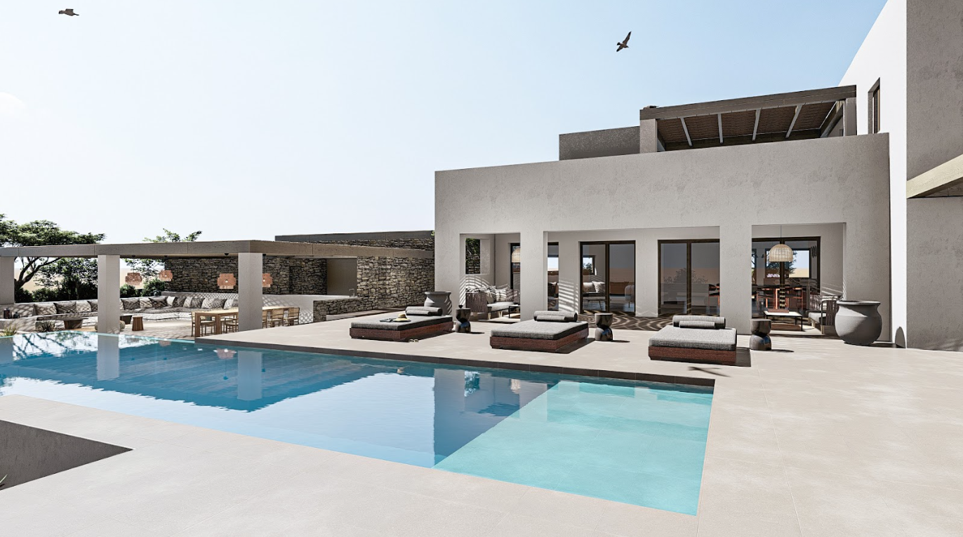 Swimming pool overlooking garden and sea